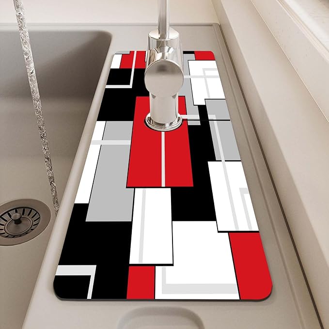 MCALK Geometric Red Kitchen Sink Faucet Mat Splash Guard, Absorbent Quick-Dry Kitchen Sink Mat - Ideal for Splash Guard & Drip Catching with Modern Art Decor( 1pc 15"x5.5") - Image 7