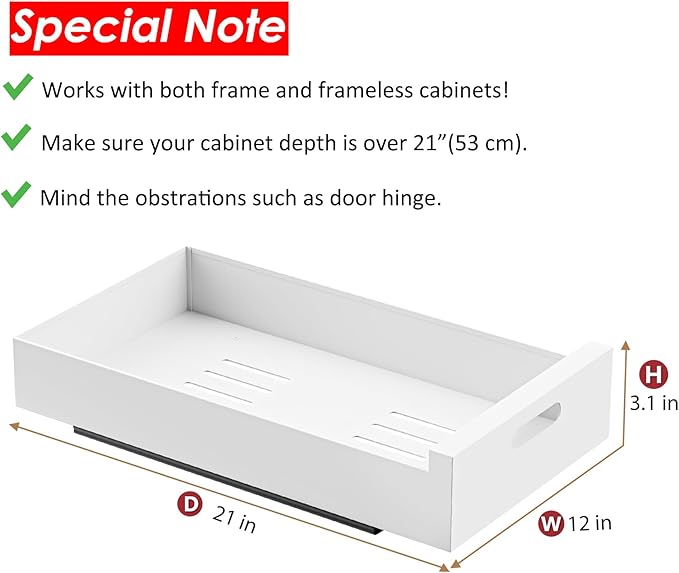 HBL' 1 Pack | 21" Deep Pull Out Cabinet Organizer Adhesive, 12-Inch Wide Sturdy Carbon Steel Roll-Out Drawers, Designed for Frameless Cabinets, Slide-Out Shelves for Pantry. - Image 2