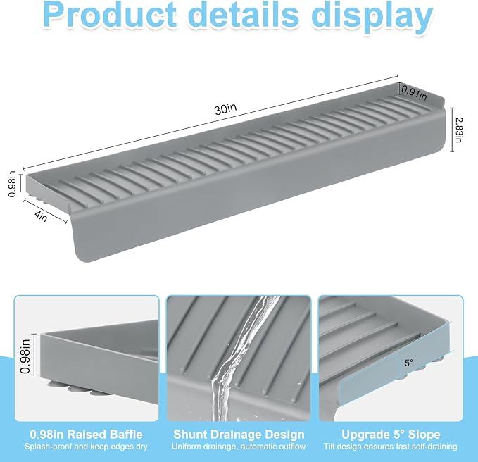 Silicone Faucet Splash Guard 4" x 30", Faucet Water Catcher Mat, Longer Silicone Sink Mat for Kitchen, Bathroom, Laundry Room, Farmhouse for Quartz Kitchen Sink（Gray） - Image 2