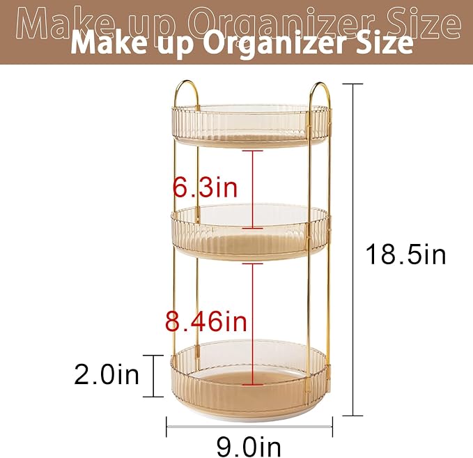 Rotating Makeup Organizer for Vanity, High-Capacity Skincare Clear Make Up Storage Perfume Organizers Cosmetic Dresser Organizer Countertop 360 Spinning (Gold, 3 Tier) - Image 5