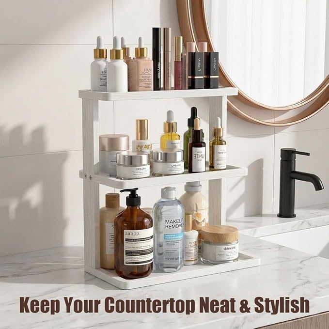 PEKER Bamboo Bathroom Organizer Countertop – Vanity Storage Shelf for Makeup, Perfume, Skincare – Natural Cosmetics Display Rack for Dresser, Sink, Kitchen – White - Image 2