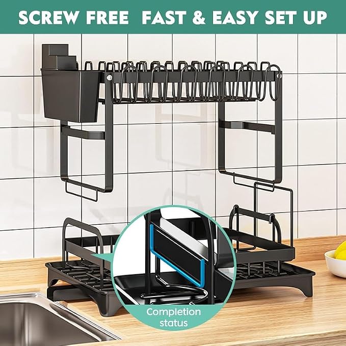 Dish Drying Rack with Drainboard, 2-Tier Foldable Stainless Steel Dish Rack with Utensil Holder, Cup Rack & Cutting Board Holder for Countertop - Image 5