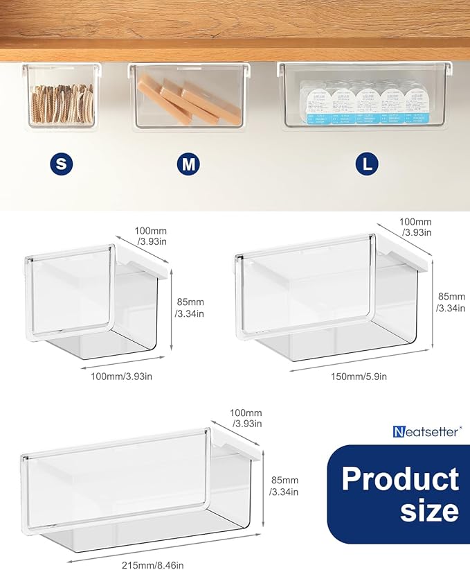 Hanging Cabinet Organizer – 33° Tilted Under Desk Drawer & Bathroom Storage – Self-Adhesive Clear Pull-Out Bins for Kitchen, Office & Vanity (Medium) - Image 8