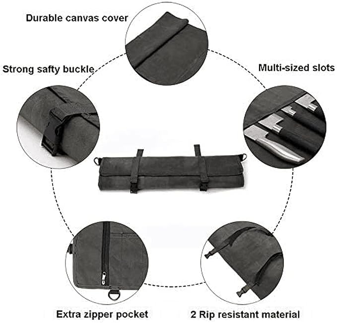 Chef’s Knife Roll Bag,Waxed Canvas Knife Cultery Carrier, Portable Chef Knife Cases,Knife Pouch Holders With 10 Slots Plus 1 Zipper Pockets Can Hold Home Kitchen Knife Tools Up To 18.8” - Image 3