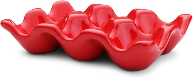 Flexzion Ceramic Egg Holder for Fridge - 6 Cups Egg Tray Half Dozen Porcelain Container Keeper Storage Organizer Decorative Serving Dish Serveware for Refrigerator Countertop Display Kitchen (Red) - Image 2
