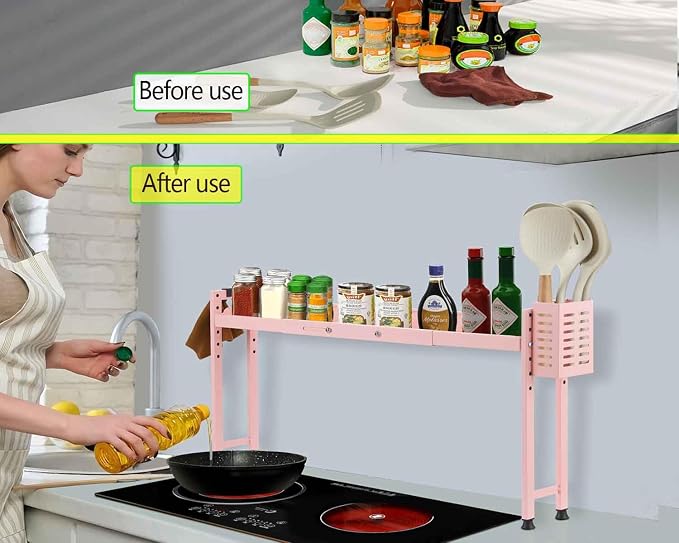 Horynar Stove Top Shelf with Extra Basket and Hooks Pink | Spice Rack Organizer Adjustable 27 to 32 Inches Over the Sink Spice Rack for Countertop (Pink) - Image 2
