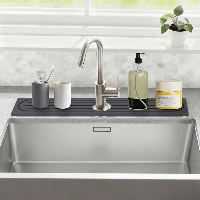 Stone Faucet Mat for Kitchen Sink with Raised Feet, Durable Diatomite Fast-Drying Stone Tray, Non-Slip Decorative Sink Protector for Kitchen Bathroom Counter, Easy Clean, Pure black, 30" x 4" by NSVNSV