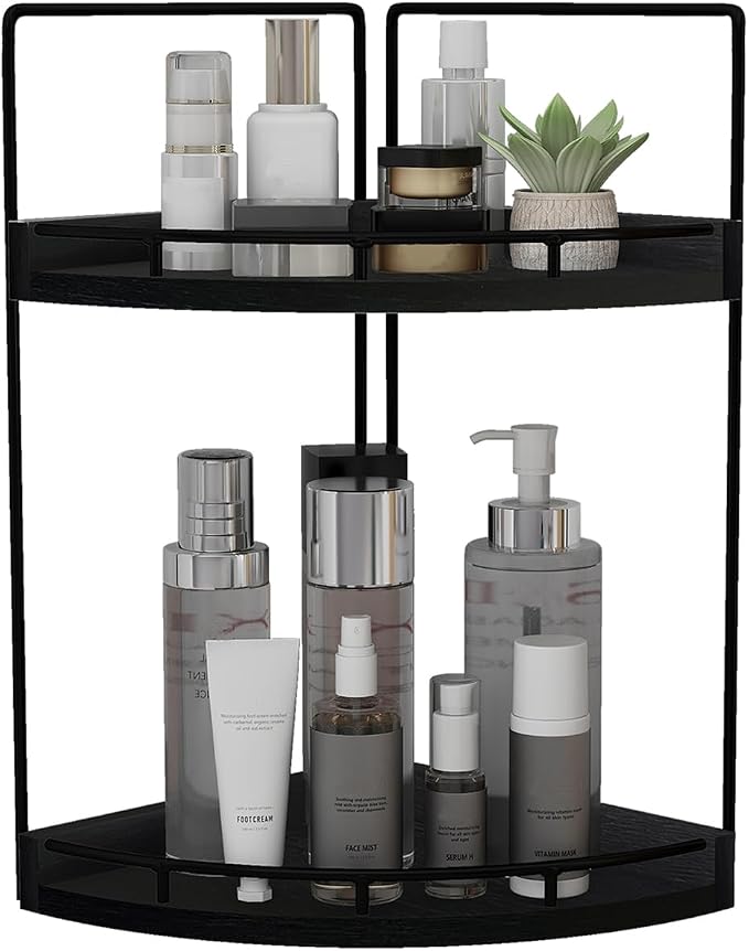 Dorhors Corner Bathroom Counter Organizer,Vanity Countertop Storage Shelf | 2-Tier Black Rack Holder for Skincare,Perfume,Makeup,Lotion,Wood Sink Tray Stand for Kitchen,Restroom,Dresser by Dorhors