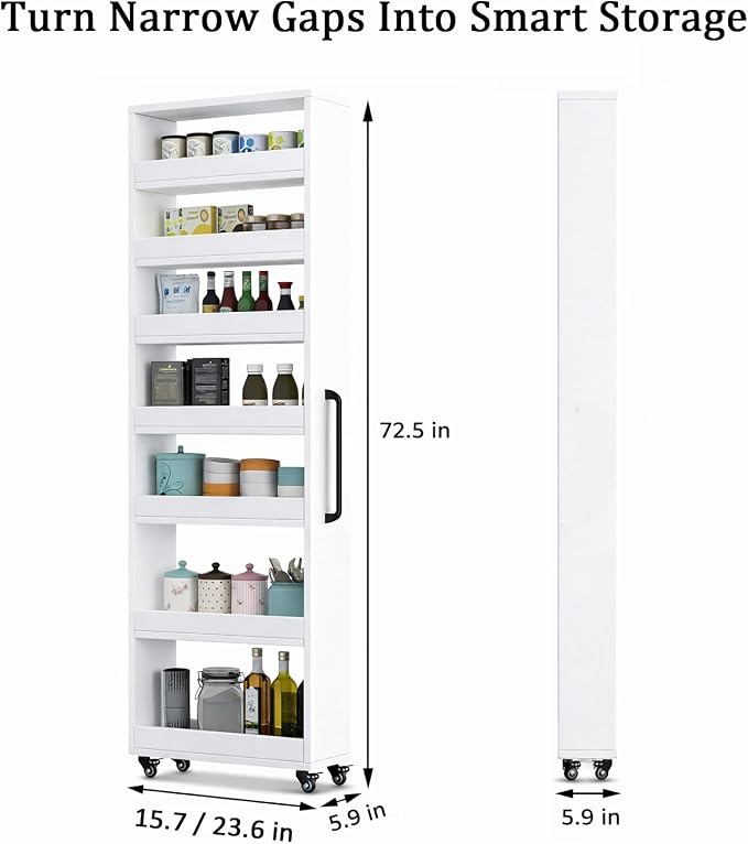 Beside Fridge Storage Slim Tall Cabinet - 7-Tier Tall Narrow Kitchen Pantry Pull Out Storage Cabinet Next To Fridge, Rolling Cart For Kitchen, Dorm, Bathroom, Laundry & Office (White, 15.7 in) - Image 6