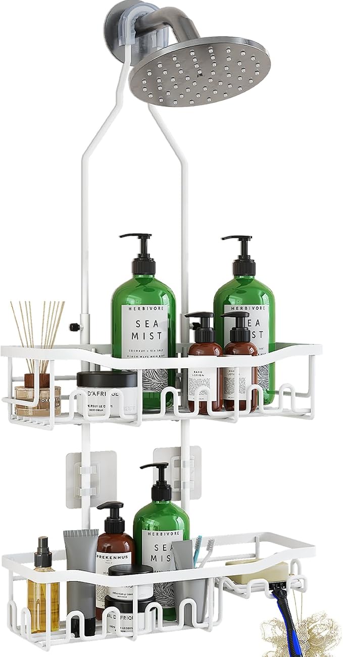 Upgraded Extended Length Shower Organizer with Hooks, Rustproof Shampoo Soap Holder, Large Hanging Bathroom Caddy, White by Joqixon