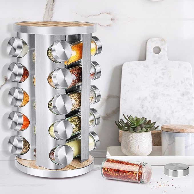 CANTAMI Spice Rack Organizer with Jars for Cabinet(20Pcs), Revolving | Stainless Steel/Wooden Countertop Rack Tower Organizer for Kitchen Pantry with Reusable Labels/Funnel/Brushes - Image 7