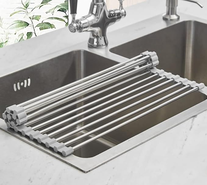 Ahyuan Roll up Dish Drying Rack Over The Sink Kitchen Roll up Sink Drying Rack Portable Dish Drainer Foldable Dish Drying Rack (Warm Gray, 17.8''X11.8'') - Image 4