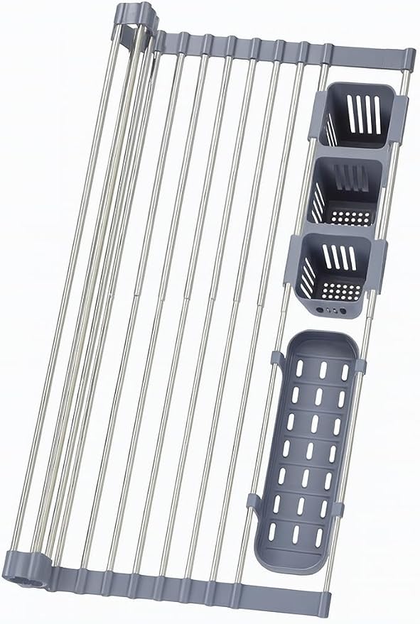 Gabrielline Expandable Roll Up Dish Drying Rack for Kitchen Sink, 21.6” x 12.7” Stainless Steel Over Sink Drying Mat with Utensil Holder & Drip Tray, Space Saving Heavy Duty Kitchen Rack Set - Image 2