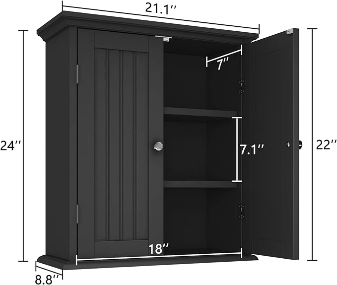 ChooChoo Bathroom Wall Cabinet with 2 Doors, Over The Toilet | 8.8"D x 21.1"W x 24"H, Medicine Cabinet, Adjustable Shelves, Cupboard, Black - Image 3