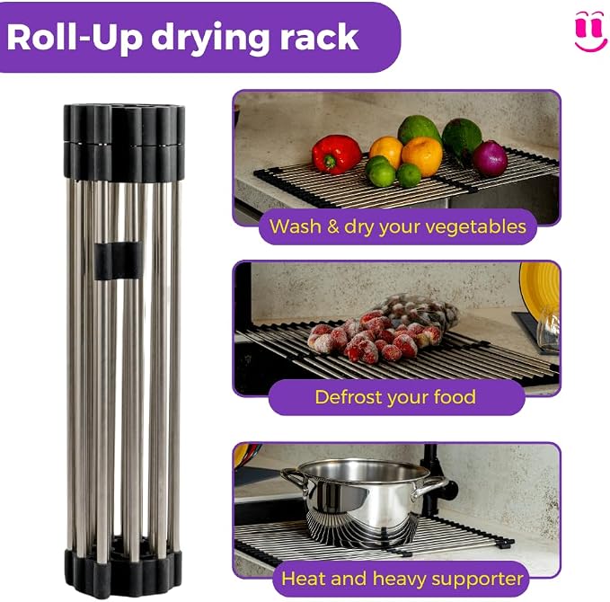3-in-1 Over Sink Dish Drying Rack – Roll-Up Sink Rack, Silicone Mat & Folding Dish Rack – Multi-Functional, Space-Saving Kitchen Organizer (Grey) - Image 3