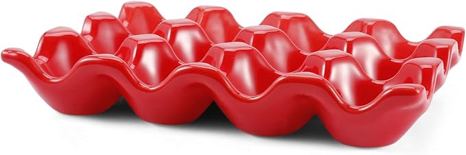Flexzion Ceramic Egg Holder for Fridge - 12 Cups Egg Tray Whole Dozen Porcelain Container Keeper Storage Organizer Decorative Serving Stand Serveware for Countertop Display Kitchen (Red) - Image 2
