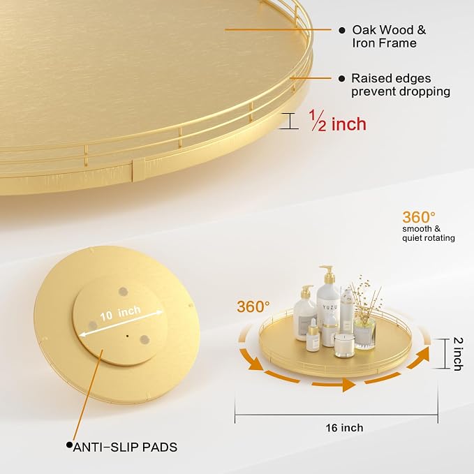 Oroyutor 16-Inch Oak Lazy Susan Organizer with Gold Metal Rail | Oak wood base, gold metal rail and smooth 360-degree rotation for dining tables, kitchen counters and spice storage. - Image 6