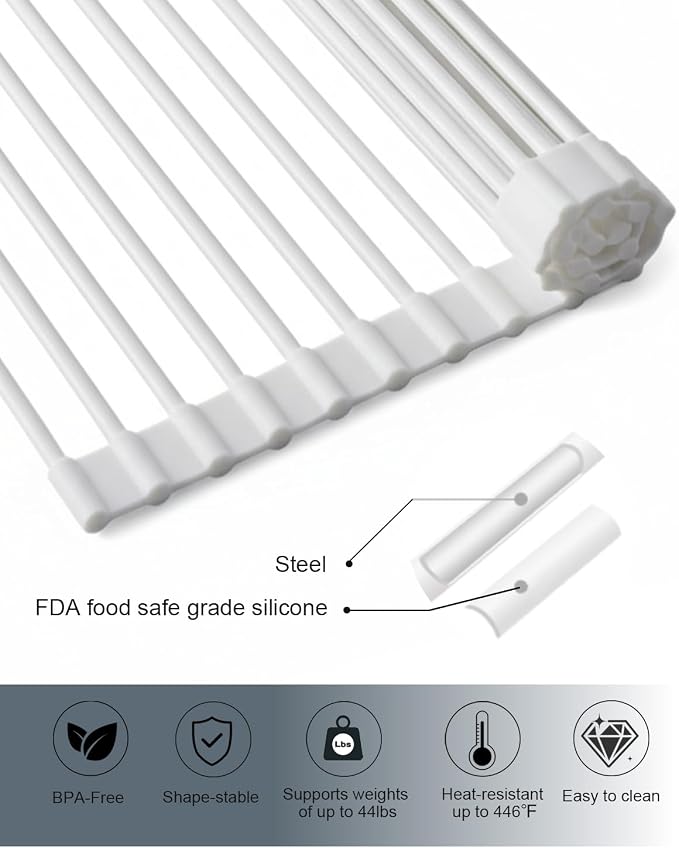 Roll Up Dish Drying Rack Over Sink, 16.93" x 12.99" Foldable Silicone Wrapped Stainless Steel Over The Sink Dish Drying Rack, White - Image 4