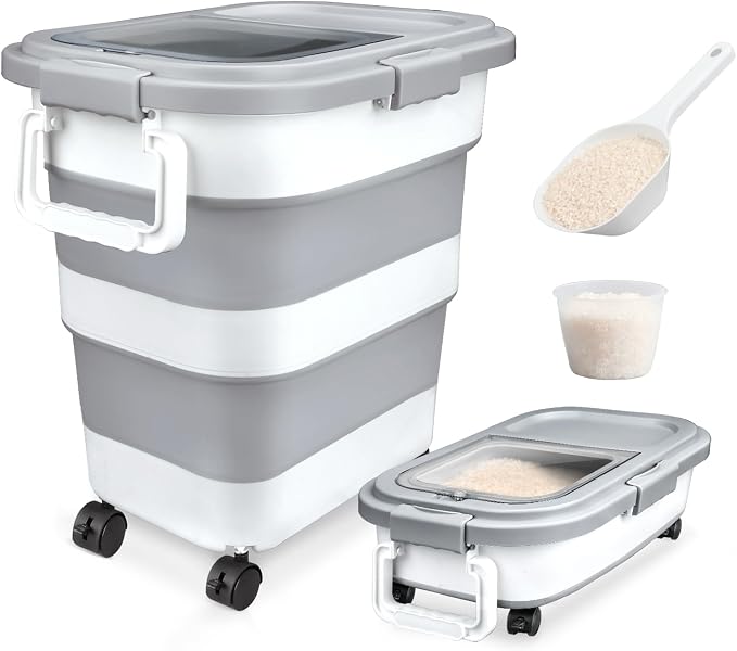 Rice Storage Container, Collapsible Airtight 10-40 Lb Rice Storage Container, 25lb Pet Dog Food Storage Container, Rice Dispenser Bin with Cup and Scoop for Flour Cereal Pasta Grain, Cat Bird by Komzon