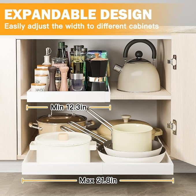 2 Pack Pull Out Cabinet Organizer Expandable(12"-20") Slide Out Drawer | 21" Deep Heavy Duty Slide out Drawers Fixed with 3 Slide Rails, Roll out Shelves For Kitchen, Bathroom, Pantry Storage, White - Image 4