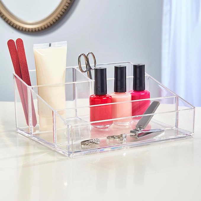 STORi Clear Plastic Small Countertop Vanity Makeup Organizer, Compact Rectangular 4-Compartment Holder for Brushes, Eyeshadow Palettes, & Beauty Supplies, Made in USA - Image 8