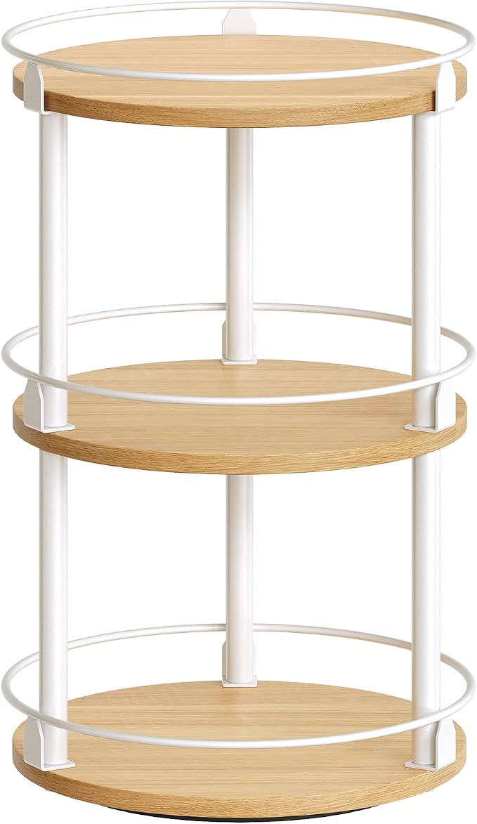 3-Tier Lazy Susan Organizer, Rotating Spice Rack, Spinning Organizer, Industrial Turntable Spice Rack Organizer for Cabinet, Kitchen Countertop, Pantry, White and Natural SR23WN by Yatiney