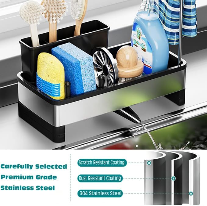 Stainless Steel Sink Caddy Sponge Holder for Kitchen Sink 9.8″ | with Auto-Drain, with Removable Brush Holder & Towel Rack, Rustproof Sink Organizer for Countertop, Kitchen Accessories - Image 4