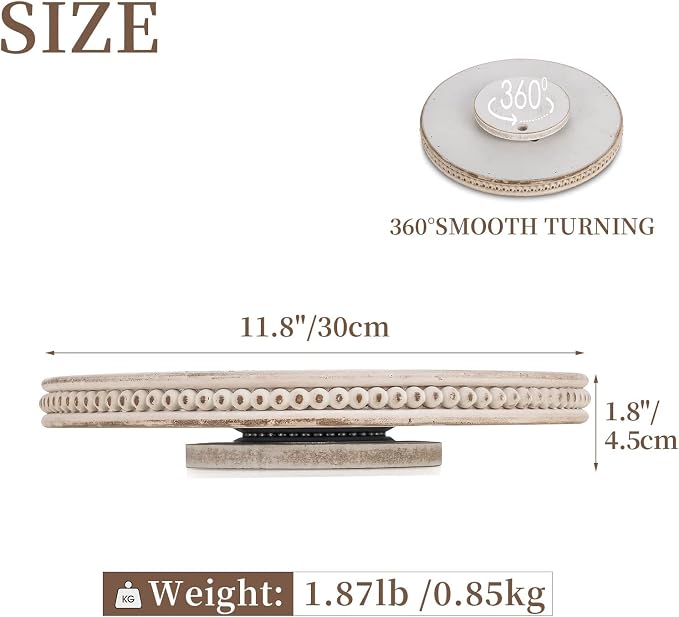 Hanobe Lazy Susan Centerpiece Tray, Round Wooden Turntable Organizer, White | Home Decor with Beaded, for Dining Table Top Kitchen Counter Coffee Table - Image 4