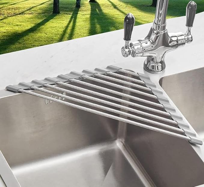 Ahyuan Roll up Dish Drying Rack Over The Sink Kitchen Roll up Sink Drying Rack Portable Dish Drainer Foldable Dish Drying Rack (Warm Gray, Triangle 16.3''X9.4'') - Image 2