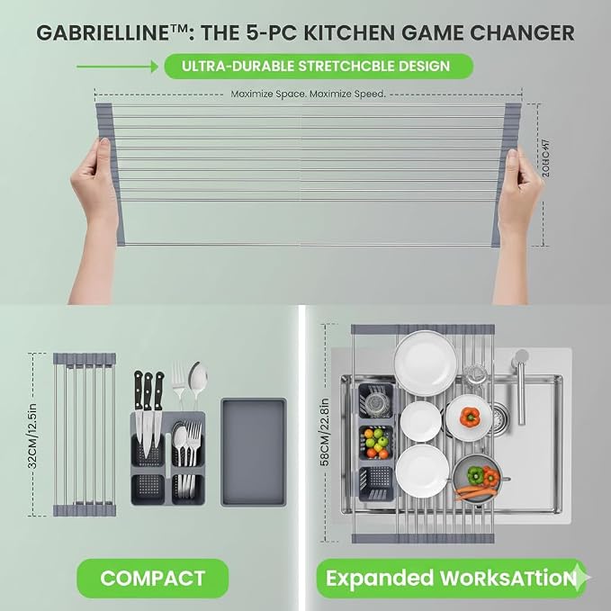 Gabrielline Expandable Roll Up Dish Drying Rack for Kitchen Sink, 21.6” x 12.7” Stainless Steel Over Sink Drying Mat with Utensil Holder & Drip Tray, Space Saving Heavy Duty Kitchen Rack Set - Image 4