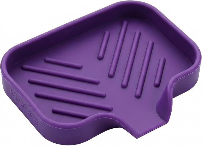 MicoYang Silicone Soap Dish with Drain Spout, Self-Draining Sink Organizer Tray for Bathroom and Kitchen, Sponges, Dispensers and Soap Holder, Non-Slip and Dishwasher Safe, Purple (Compact, 4.9"×3.2") by MicoYang