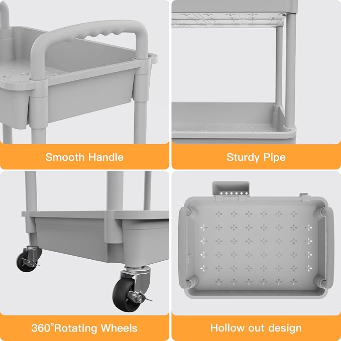 5 Tier Rolling Utility Cart with Handle,REBECAT Utility Cart Made of Multifunctional Storage Organizer Tool for Kitchen,Bathroom,Living Room,Office(Gray) - Image 2