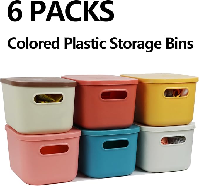 6Pcs Small Storage Bins with Lids, Stackable Plastic Organizer Bin Storage Containers for Organizing, Shelf Baskets for Pantry Cabinet Shelves Desktop Freezer Drawer Organization (6 Color, Small) - Image 2