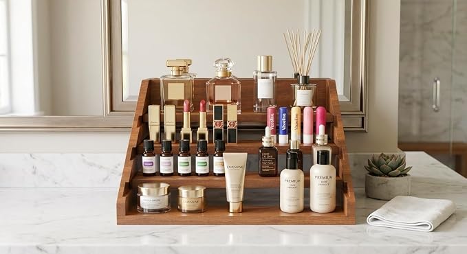 Solid Wood Spice Rack Organizer for Countertop & Cabinet, 4 Tier Adjustable Wooden Spice Shelf with Sliding Track, Premium Step Seasoning Bottle Holder for Kitchen, Pantry & Office, Walnut Brown - Image 8