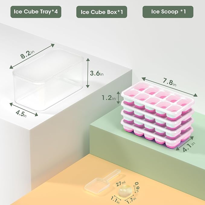DOQAUS Ice Cube Tray with Lid and Bin,4 Pack Ice Cube Trays for Freezer | Silicone,Stackable.Easy Release Trays with Storage Bin & Scoop. Ideal for Freezer, Kitchen, RV, Cocktail, Coffee. - Image 7