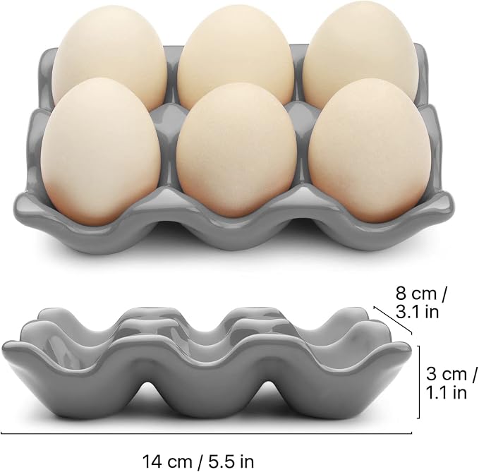 Flexzion Porcelain Egg Crate - 6-Egg Capacity Ceramic Egg Tray, Half Dozen Egg Holder for Fridge, Countertop Display - Gray Decorative Serving Dish and Storage Organizer, 2 Pack - Image 7
