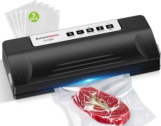 Bonsenkitchen Vacuum Sealer Machine for Food Storage,Black-Silver | Multi-Functional Food Sealer, 65kPa Suction, External Vacuum System , Compact Design with 5 Vacuum Bags by Bonsenkitchen