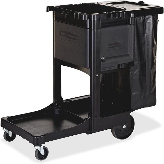 Rubbermaid Commercial Products Executive Series Janitorial and Housekeeping Cleaning Cart with Locking Cabinet, Wheeled with Zippered Black Vinyl Bag, Black, 38.4" H x 21.8" W x 46" L by RubbermaidCommercialProducts