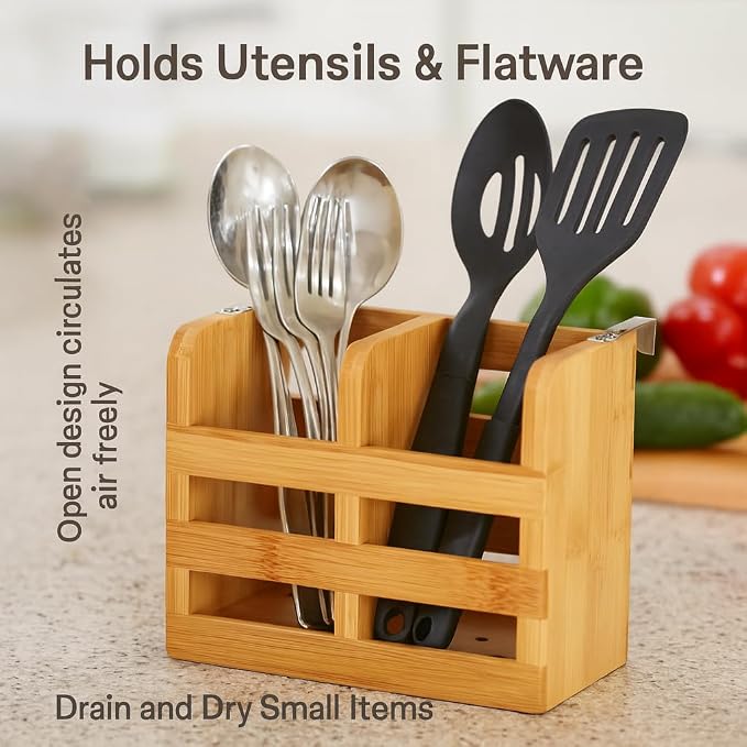 HIC Kitchen Bamboo Dish Rack Caddy, Natural Bamboo, Drying Organizer | Stainless Steel Hooks, Fits Rack #97086, Elevated Airflow Design, Fast Water Evaporation, Rinse Clean - Image 2