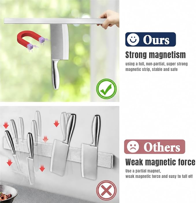 Dmore magnetic knife holder for wall—with 2 hooks, No Drilling 12 Inch silver knife magnetic strip, Powerful knife magnet rack, include Adhesive Tape and screws for Knives, Utensils, and Tools - Image 3