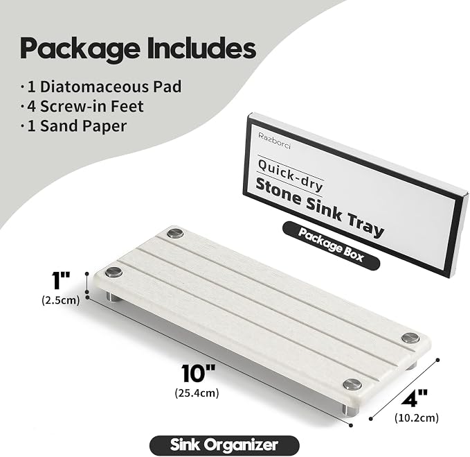 Quick Dry Bathroom Tray & Kitchen Sink Organizer, Water Absorbing Countertop Sponge Holder Soap Dish, Diatomaceous Earth Stone Vanity Dispenser Toothbrush Bottle, Gray Beige, 10" x 4" - Image 6