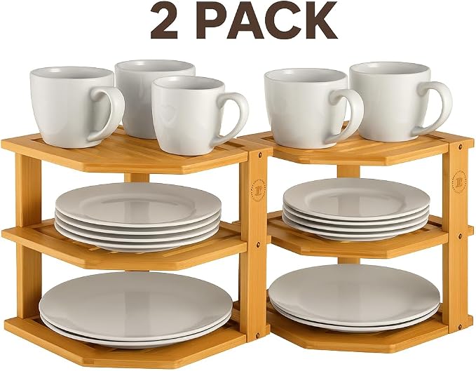 Bamboo Plate Organizer for Cabinet, 3 Tier Corner Shelf Riser, 2 Pack | Holds heavy stacked dishes mugs bowls, non slip feet, tool included easy assembly, kitchen pantry bathroom counter storage - Image 9