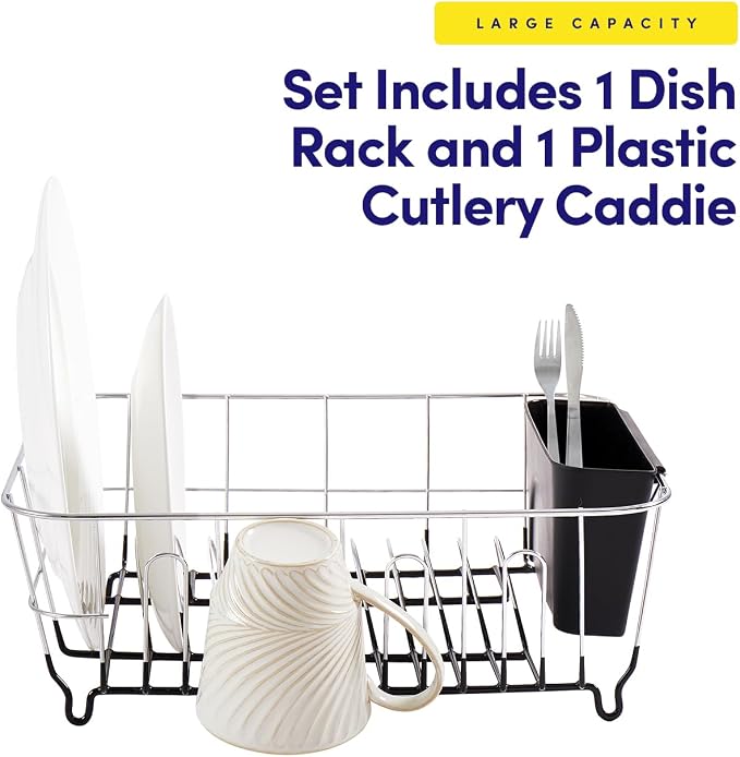 Sweet Home Collection 2 Piece Dish Drying Rack Set Drainer with Utensil Holder Simple Easy to Use Fits in Most Sinks, 14.5" x 13" x 5.25", Black - Image 3
