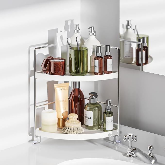 KINGNERWI 2-Tier Bathroom Counter Organizer, Vanity Corner Shelf, Silver | Makeup Skincare Storage Tray, Small Countertop Rack, Stores Cosmetics, Perfume, Seasoning, Fits Sink and Dresser - Image 2