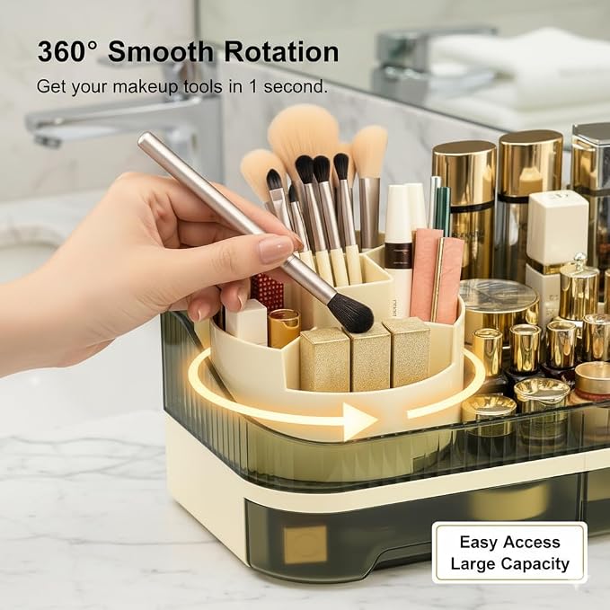 Makeup Organizer Countertop with Dual Drawers | Plastic, Vanity Bathroom Desk, 360° Rotating, Easy Clean, Cosmetic Skincare - Image 2