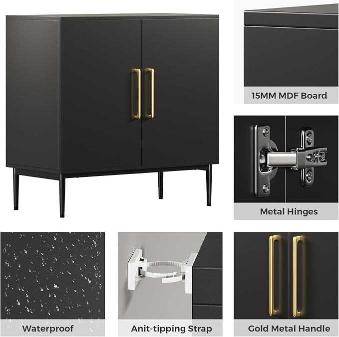 Set of 3 Black Storage Cabinet with Doors, Modern Accent Cabinet, Free Standing Cabinet with Adjustable Shelf, Wooden Buffet Sideboards for Living Room, Kitchen, Dining Room, Entryway - Image 3