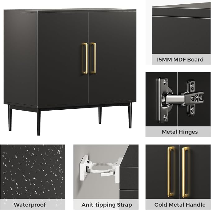 Set of 4 Black Storage Cabinet with Doors, Modern Accent Cabinet, Free Standing Cabinet with Adjustable Shelf, Wooden Buffet Sideboards for Living Room, Kitchen, Dining Room, Entryway - Image 6