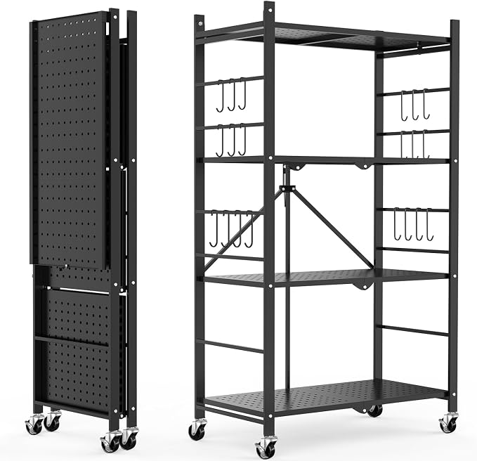 Himix 4-Tier Foldable Storage Shelf with Wheels 20 Hooks Black No Assembly | Metal collapsible organization, Folding storage rack, Wire shelving, Unit Rolling Cart, Kitchen, Garage, Holds 352 Ibs by Himix