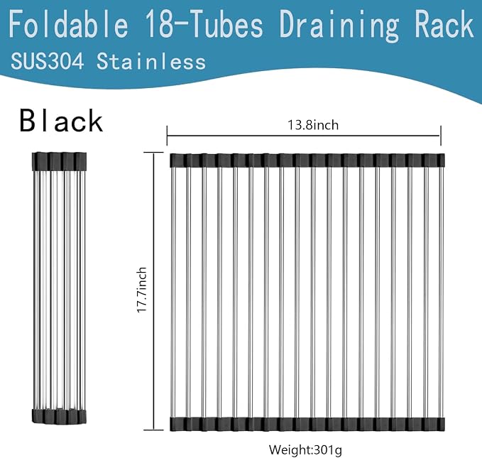 Roll-Up Sink Drying Rack 17.7"(L) x 13.8"(W) - Multipurpose Heat Resistant Over The Stainless Steel & Silicone Dish Rollable Kitchen Drainer, Black - Image 2