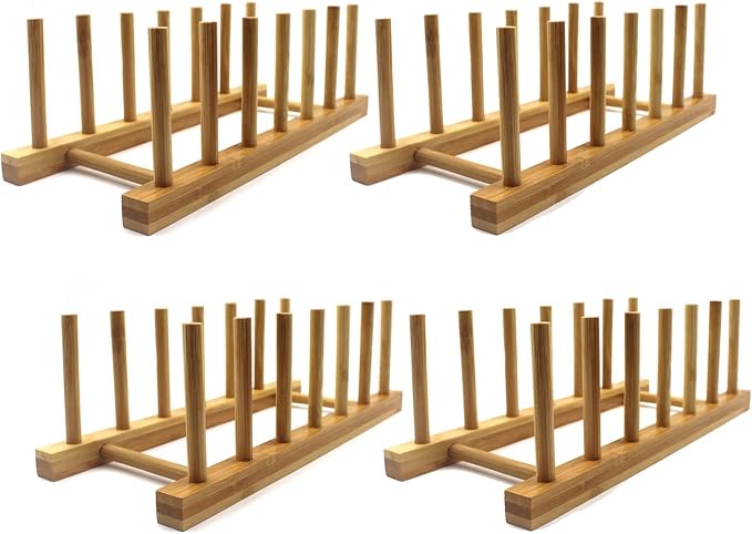 Bamboo Wooden Plate Racks Dish display Holder Kitchen Storage, Pack of 4 | Cabinet Organizer for Dish / Plate / Bowl / Cup / Pot Lid / Cutting Board/ Book (vertical) by INNERNEED